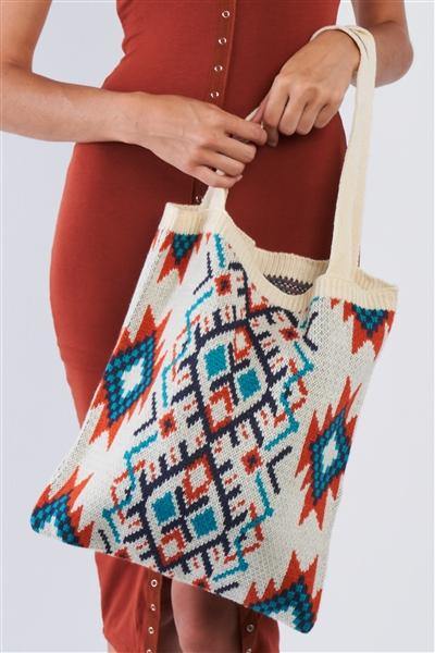 Ivory Orange Blue Tribal Print Knit Boho Tote Bag /1 Bag ** Free Shipping** - Simpleaholic