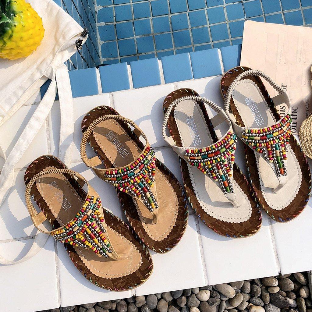 Women Sandals Ladies String Bead Casual Beach Summer Flat Platform  T-strap Flip Flops Beach Shoes Outdoor - Simpleaholic