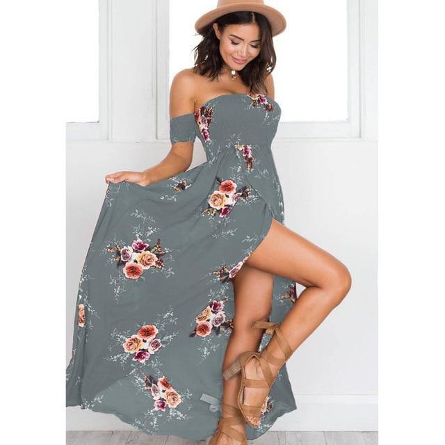 Summer Chiffon Dress Women Casual Off Shoulder Boho Style Floral Print Long Dress Maxi Dress Vestidos - Simpleaholic