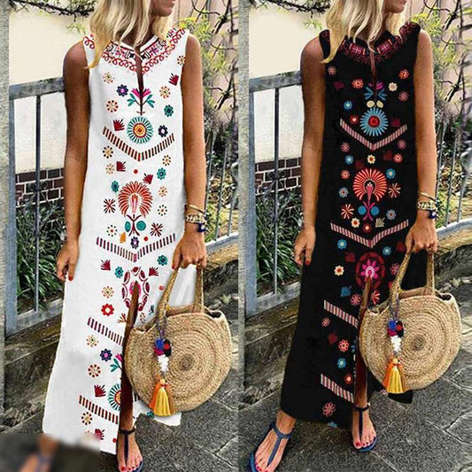 Women Dress Boho Floral Print Sleeveless Summer Party Long Maxi Elegant Lady Holdiay Beach Sundress Split Female Clothing - Simpleaholic